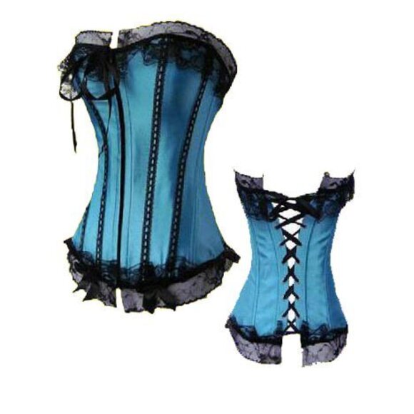Blue Satin Black Lace and Bow Corset Set - NEW - Picture 1 of 9